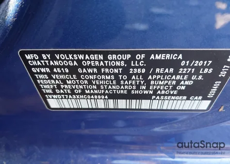 2017 Volkswagen Passat 1.8T R-Line z USA, uszkodzony, nr VIN 1VWDT7A3XHC048994